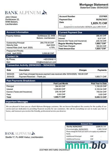 Liechtenstein Bank Alpinum wyciąg z kredytu hipotecznego szablon Word i PDF